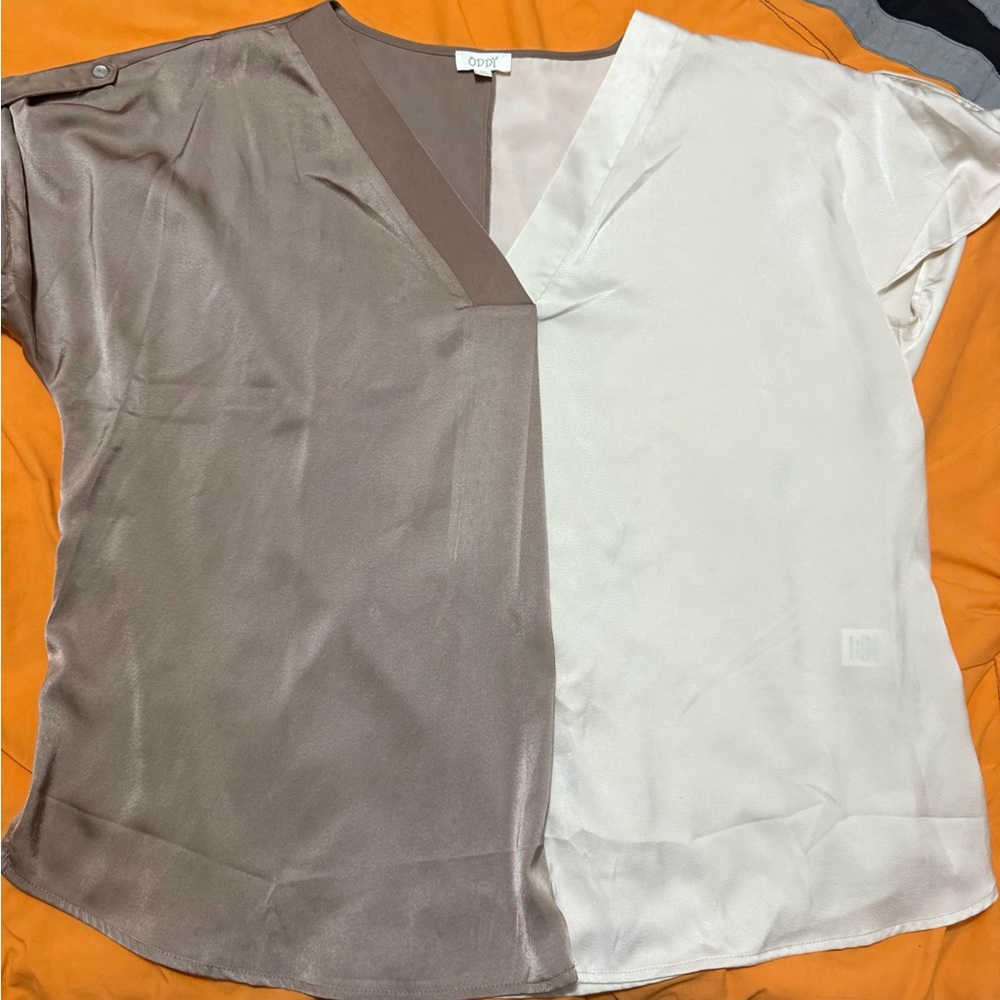 ODDY Two-Tone V-Neck Blouse in Taupe and Ivory